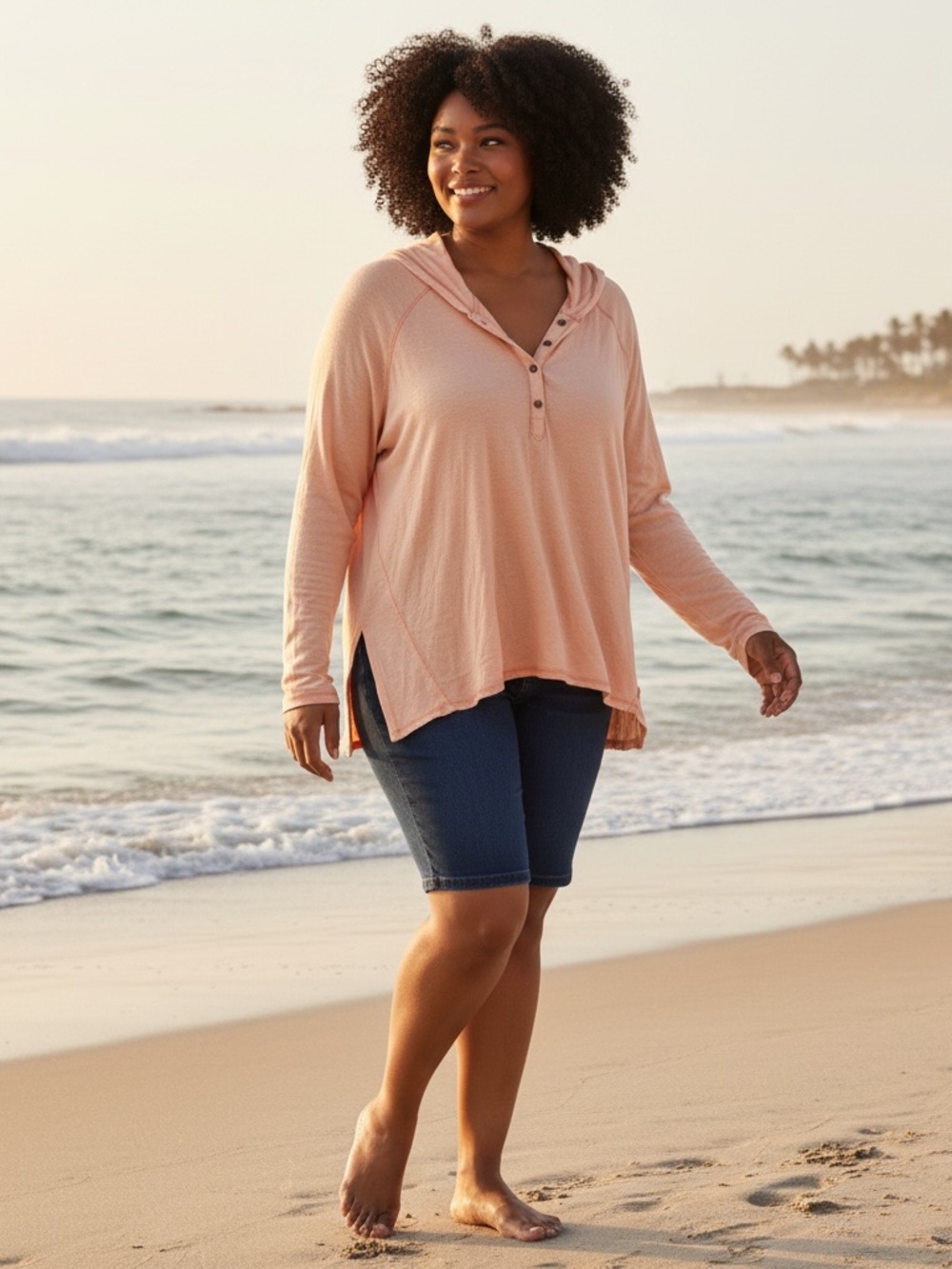 CARHARTT XXL Women's Peach Long-Sleeve Hooded Henley Swim Cover-Up